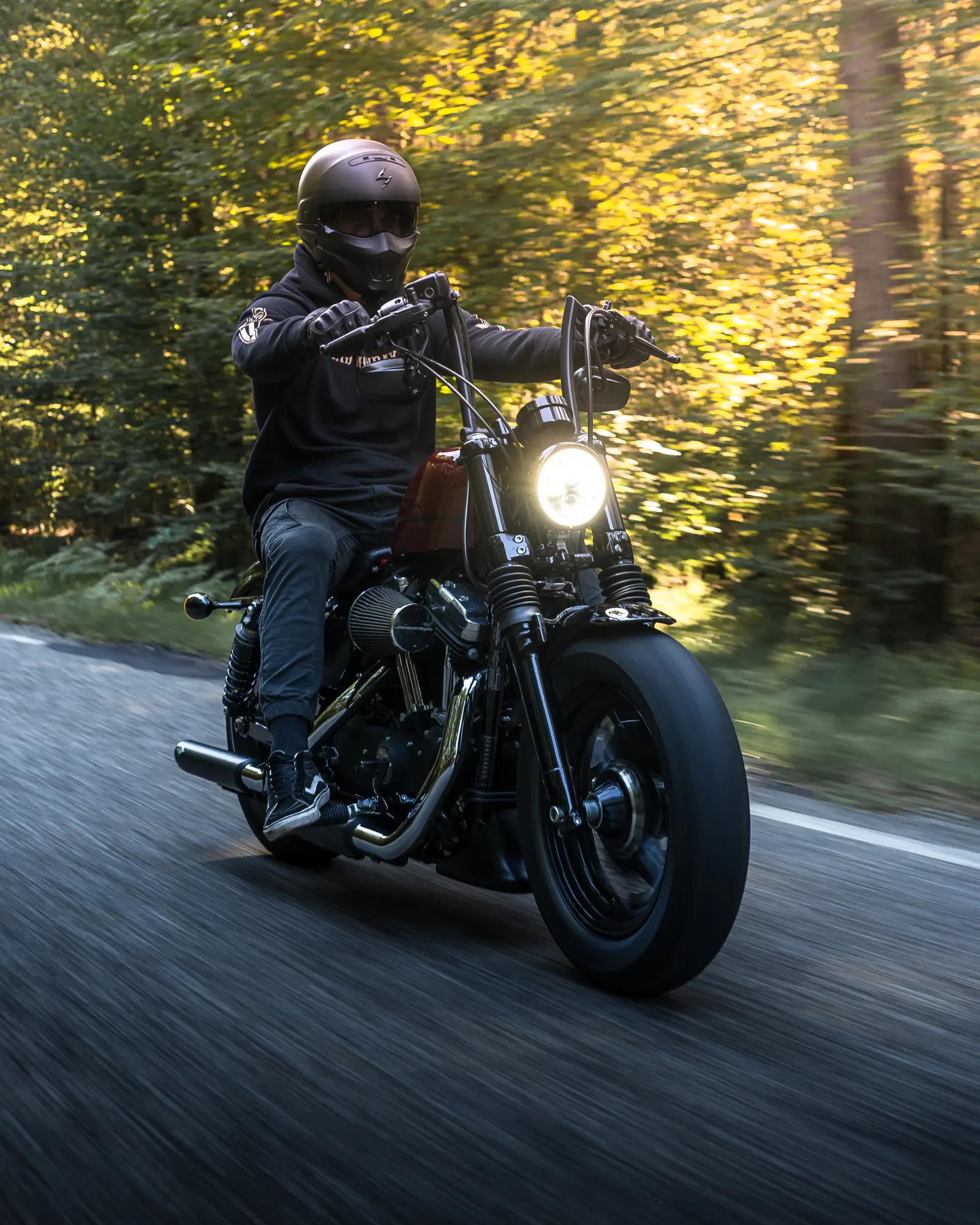 Motorcyclist riding through a sunlit forest road